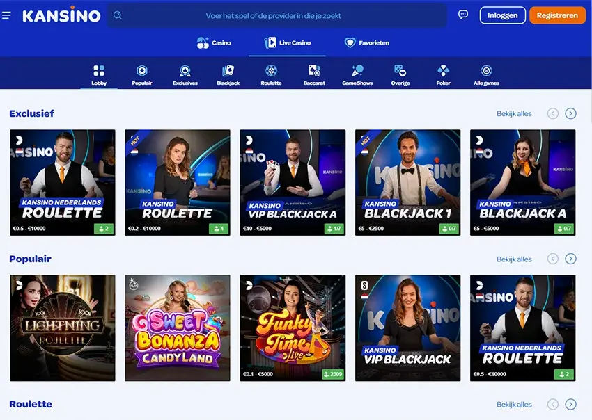 Kansino casinolobby en welkomstscherm